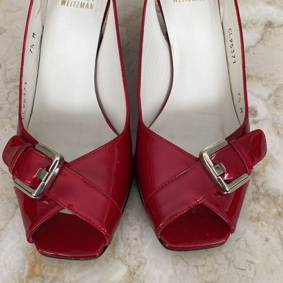 Stuart Weitzman Red Patent Leather Peep Toe Wedge Heel Pumps - Picture 9 of 12